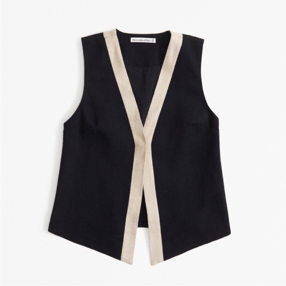 Abercrombie & Fitch Linen Blend Black Vest with Tan Trim